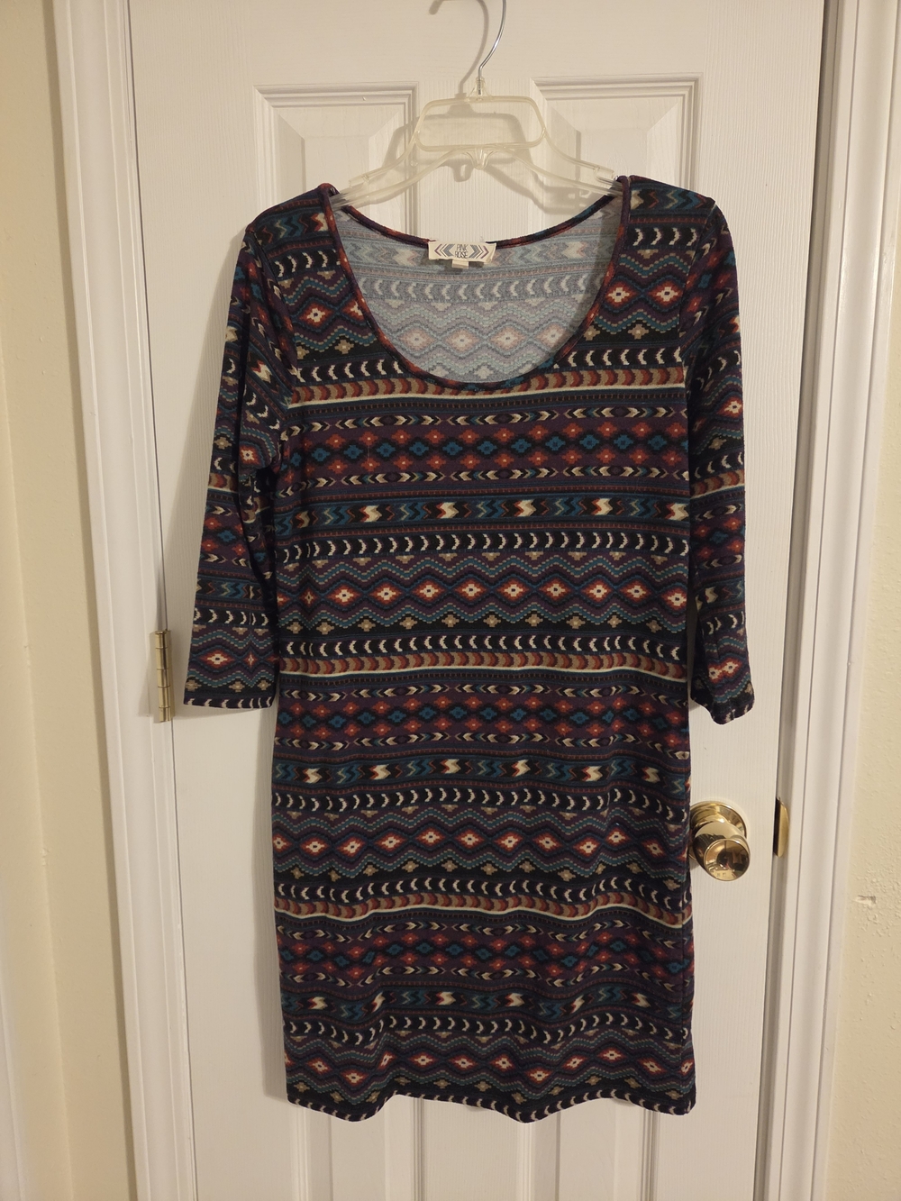 Pink Rose Navy Multicolor Aztec Scoop Neck Long Sleeve Dress